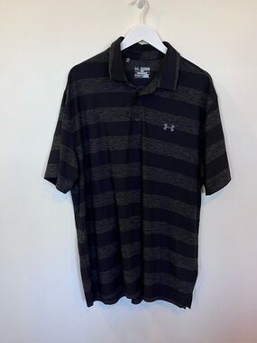 Under Armour Mens Striped Polo Shirt Xxl Black Gray Heat Hear Loose Fit Golf